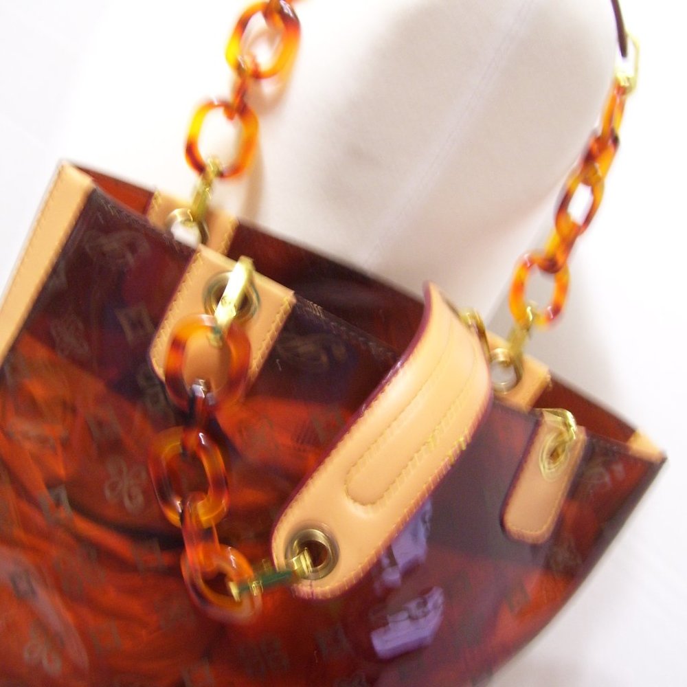 Fashion Handbag See Thru Tortoise and Tortoise Handles Leather Tan Trim NWOT - Picture 3 of 4